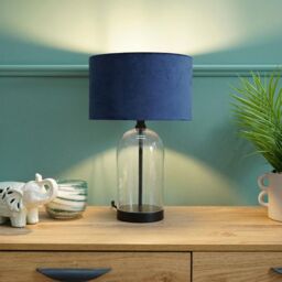 ValueLights Jessy Black Glass Table Lamp With Navy Blue Velvet Shade - thumbnail 3