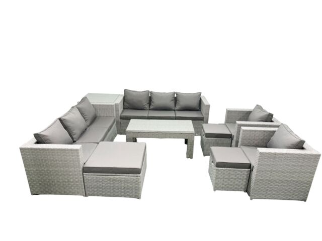 Fimous Outdoor Garden Furniture Rattan Sofa Set with 2 Armchairs Oblong Coffee Table 3 Footstools Side Table Light Grey Mixed - image 1
