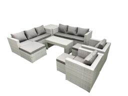 Fimous Outdoor Garden Furniture Rattan Sofa Set with 2 Armchairs Oblong Coffee Table 3 Footstools Side Table Light Grey Mixed - thumbnail 2
