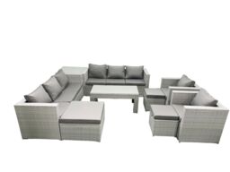 Fimous Outdoor Garden Furniture Rattan Sofa Set with 2 Armchairs Oblong Coffee Table 3 Footstools Side Table Light Grey Mixed - thumbnail 1