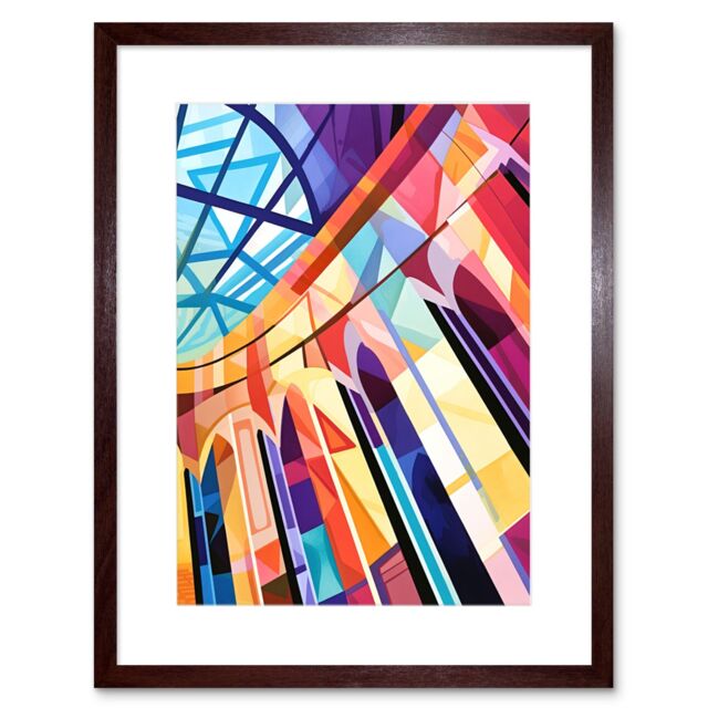"Artery8 Wall Art Print Building with Glass Roof Modern Art Deco Colour Block Modern Watercolour Painting Artwork Framed 9X7 Inch - Size: W7"" x H9""" - image 1