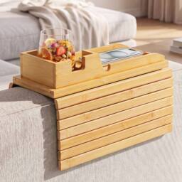 Levede Sofa Arm Tray Table 2 in 1 Bamboo Couch Armrest Organiser Cup Mug Hold in Natural - thumbnail 3