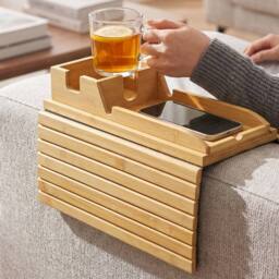 Levede Sofa Arm Tray Table 2 in 1 Bamboo Couch Armrest Organiser Cup Mug Hold in Natural - thumbnail 2