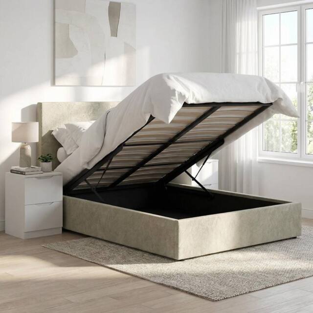 FWStyle Small Double Ottoman Bedframe Beige Padded Tall Headboard Front Lift - image 1