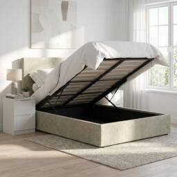 FWStyle Small Double Ottoman Bedframe Beige Padded Tall Headboard Front Lift