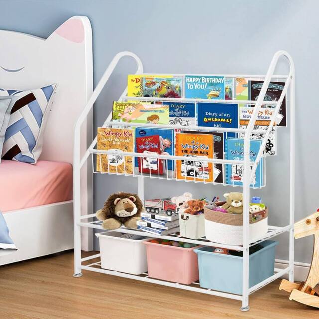 Huhote Kids Bookshelf Children Bookcase Book Toy Storage for Bedroom Playroom in White - image 1