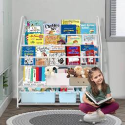 Huhote Kids Bookshelf Children Bookcase Book Toy Storage for Bedroom Playroom in White - thumbnail 6