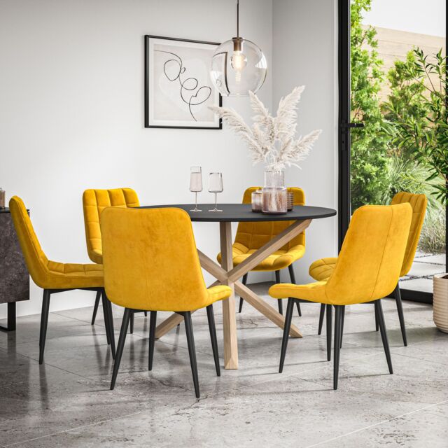 More4Homes Malvern Round Dining Table & Chairs - Black Table Top w Solid Oak Legs + Nova Velvet Dining Chair Set Of 6 in Mustard - image 1
