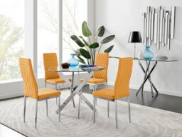 FurnitureboxUK Novara Clear Tempered Glass 100cm Round Dining Table with Chrome Starburst Legs & 4 Milan Faux Leather Chairs in Mustard - thumbnail 1