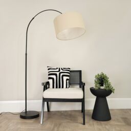 ValueLights Louis Black Arched Curved Floor Lamp with Fabric Drum Lamp Shade in Natural - thumbnail 1