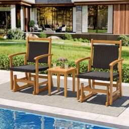 Gymax Outdoor Glider Chair Acacia Wood Porch Glider With Rattan Seat in Brown - thumbnail 4