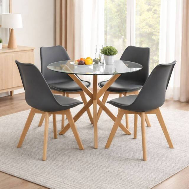 KOSY KOALA Round Glass Dining Table Set With 4 grey plastic Chairs Furniture - image 1