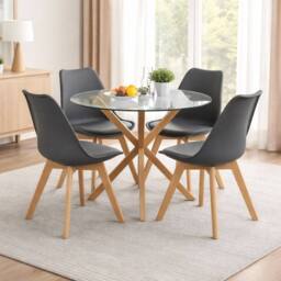 KOSY KOALA Round Glass Dining Table Set With 4 grey plastic Chairs Furniture - thumbnail 1