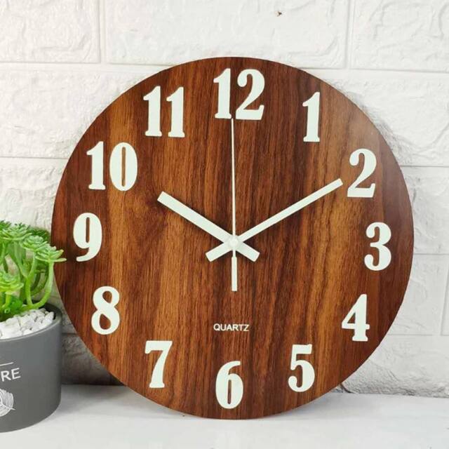 VOGREX 30cm Glow In Dark Wooden Wall Clock Silent Quartz Indoor Decor in Brown - image 1