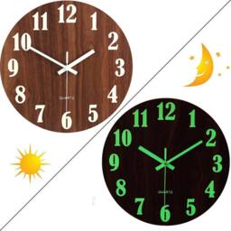 VOGREX 30cm Glow In Dark Wooden Wall Clock Silent Quartz Indoor Decor in Brown - thumbnail 3