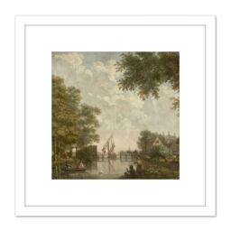Artery8 Andriessen Dutch Landscape River Trees Painting 8X8 Inch Square Wooden Framed Wall Art Print Picture with Mount in White - thumbnail 1