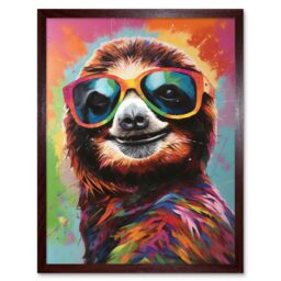 "Artery8 Wall Art Print Multicoloured Smiling Sloth Wearing Sunglasses Art Framed in Brown - Size: W12"" x H16""" - thumbnail 1