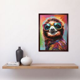 "Artery8 Wall Art Print Multicoloured Smiling Sloth Wearing Sunglasses Art Framed in Brown - Size: W12"" x H16""" - thumbnail 2