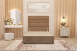 Somnior Chambery Divan Bed Frame with Floor Standing Headboard Plush Velvet in Beige - Size: Single - thumbnail 2