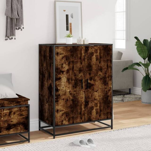 Berkfield Home Shoe Cabinet Smoked Oak 75x38x97.5 cm Engineered Wood & Metal in Brown - image 1