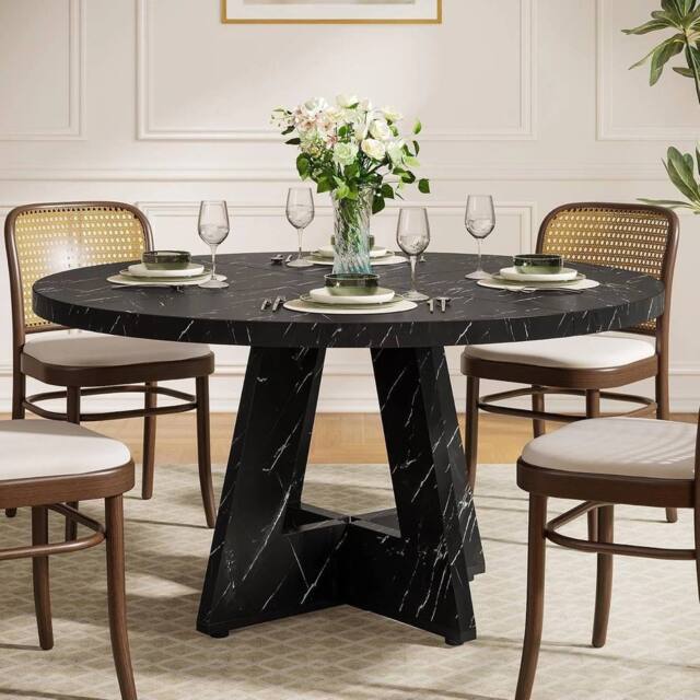 PAWNORA 47inch Round Farmhouse Dining Table Wooden Kitchen for 4-6 People in Black - image 1