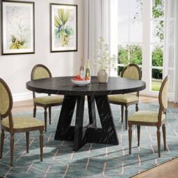 PAWNORA 47inch Round Farmhouse Dining Table Wooden Kitchen for 4-6 People in Black - thumbnail 6