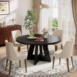 PAWNORA 47inch Round Farmhouse Dining Table Wooden Kitchen for 4-6 People in Black - thumbnail 4