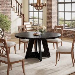 PAWNORA 47inch Round Farmhouse Dining Table Wooden Kitchen for 4-6 People in Black - thumbnail 3