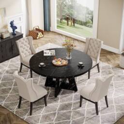 PAWNORA 47inch Round Farmhouse Dining Table Wooden Kitchen for 4-6 People in Black - thumbnail 7