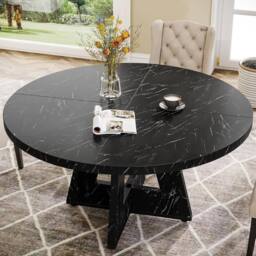 PAWNORA 47inch Round Farmhouse Dining Table Wooden Kitchen for 4-6 People in Black - thumbnail 5