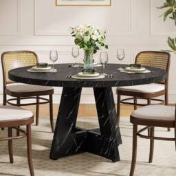 PAWNORA 47inch Round Farmhouse Dining Table Wooden Kitchen for 4-6 People in Black