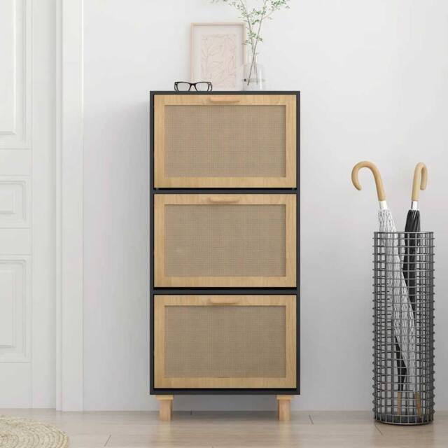 Berkfield Home Shoe Cabinet Black 52x25x115 cm Engineered Wood&Natural Rattan - Size: 52 x 25 x 115 cm - image 1