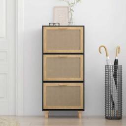 Berkfield Home Shoe Cabinet Black 52x25x115 cm Engineered Wood&Natural Rattan - Size: 52 x 25 x 115 cm - thumbnail 1