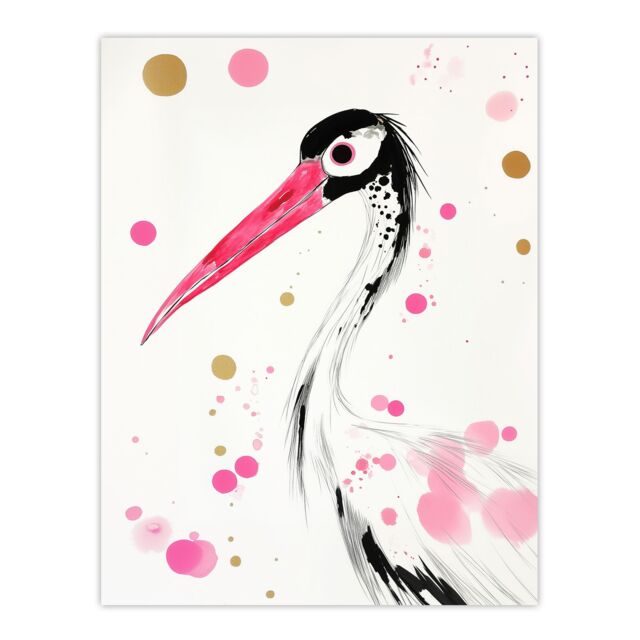 "Artery8 Oriental Stork Pink Gold Black Bird Painting Wall Art Print - Size: W24"" x H32""" - image 1
