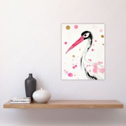 "Artery8 Oriental Stork Pink Gold Black Bird Painting Wall Art Print - Size: W24"" x H32""" - thumbnail 4