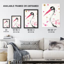 "Artery8 Oriental Stork Pink Gold Black Bird Painting Wall Art Print - Size: W24"" x H32""" - thumbnail 3