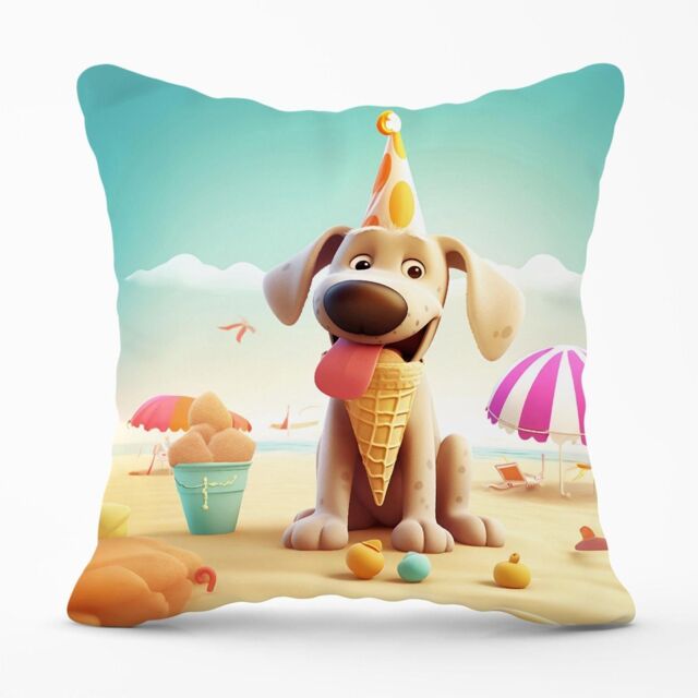 Warren Reed - Designer Dog On A Beach Holiday Outdoor Cushion in Yellow - Size: 45 cm x 45 cm - image 1