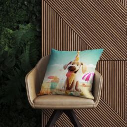 Warren Reed - Designer Dog On A Beach Holiday Outdoor Cushion in Yellow - Size: 45 cm x 45 cm - thumbnail 2