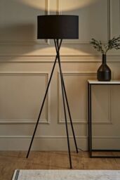 ValueLights Camden Black Metal Tripod Floor Lamp with Black Drum Lamp Shade - thumbnail 1