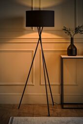ValueLights Camden Black Metal Tripod Floor Lamp with Black Drum Lamp Shade - thumbnail 2