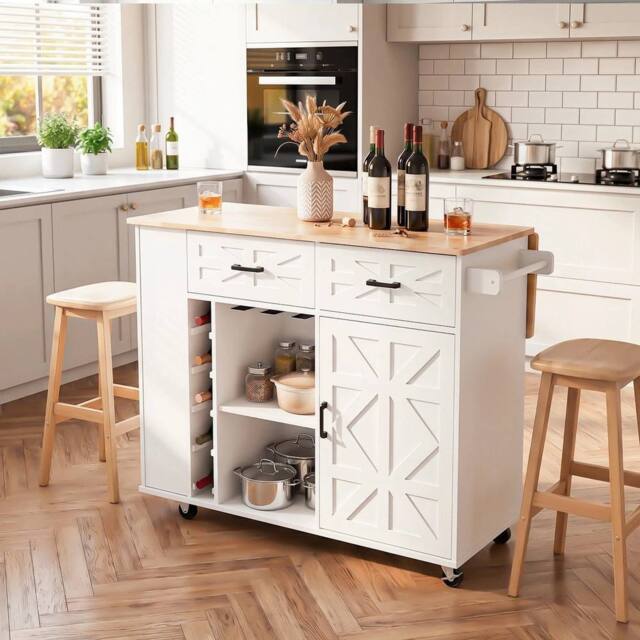 SPETLEK Kitchen Island with Side Storage Rack 129x70x90.5cm in White - Size: 0.6m2 - image 1