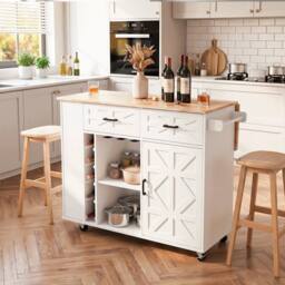 SPETLEK Kitchen Island with Side Storage Rack 129x70x90.5cm in White - Size: 0.6m2 - thumbnail 1