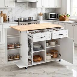 SPETLEK Kitchen Island with Side Storage Rack 129x70x90.5cm in White - Size: 0.6m2 - thumbnail 2