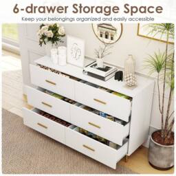 Costway Modern 6 Drawer Dresser Wooden Wide Chest of Drawers in White - thumbnail 4