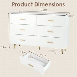 Costway Modern 6 Drawer Dresser Wooden Wide Chest of Drawers in White - thumbnail 2
