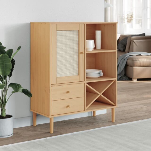 Berkfield Home Highboard SENJA Rattan Look Brown 90x40x112cm Solid Wood Pine - Size: 90 x 40 x 112 cm - image 1