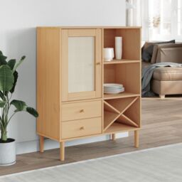 Berkfield Home Highboard SENJA Rattan Look Brown 90x40x112cm Solid Wood Pine - Size: 90 x 40 x 112 cm