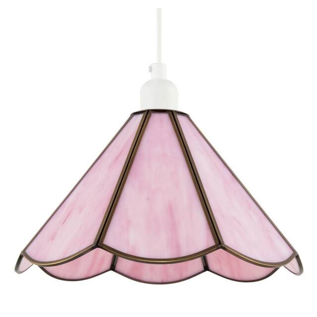 Happy Homewares Tiffany Glass Panelled Easy-Fit Pendant Shade with Antique Brass Trim in Pink - Size: 12 inches - image 1