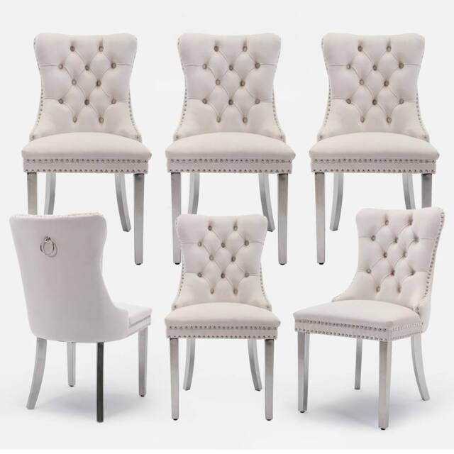 HomeTouch Winchester Set of 6 Velvet Upholstered Kitchen Dining Chairs with Sliver Chrome Legs in Beige - Size: 6 Pack - image 1