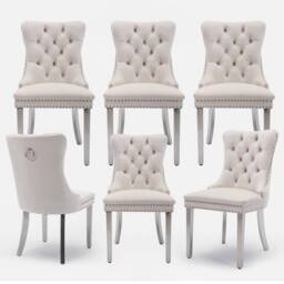 HomeTouch Winchester Set of 6 Velvet Upholstered Kitchen Dining Chairs with Sliver Chrome Legs in Beige - Size: 6 Pack - thumbnail 1